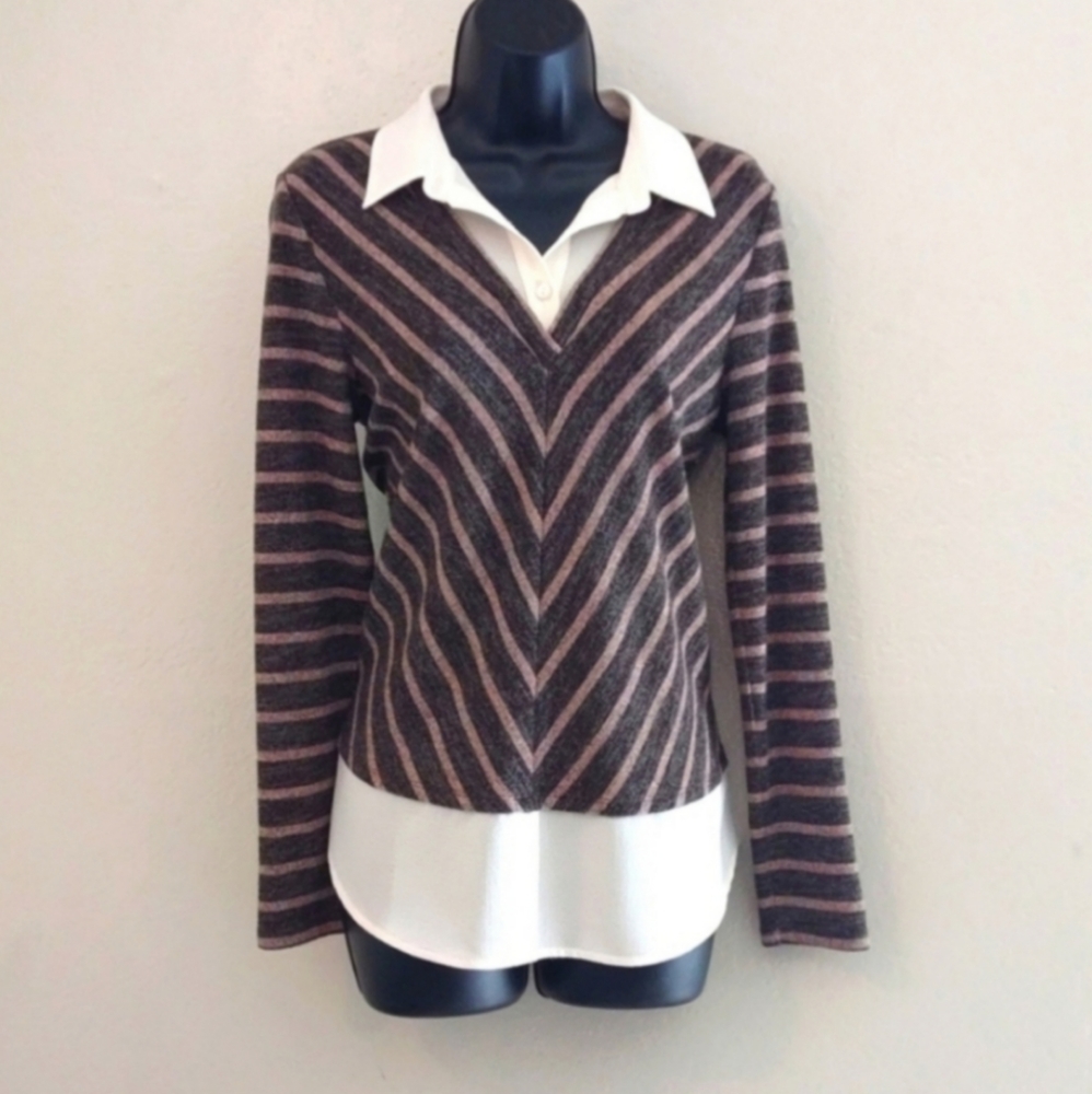 Women's monteau striped brown collared pullover sweater size medium